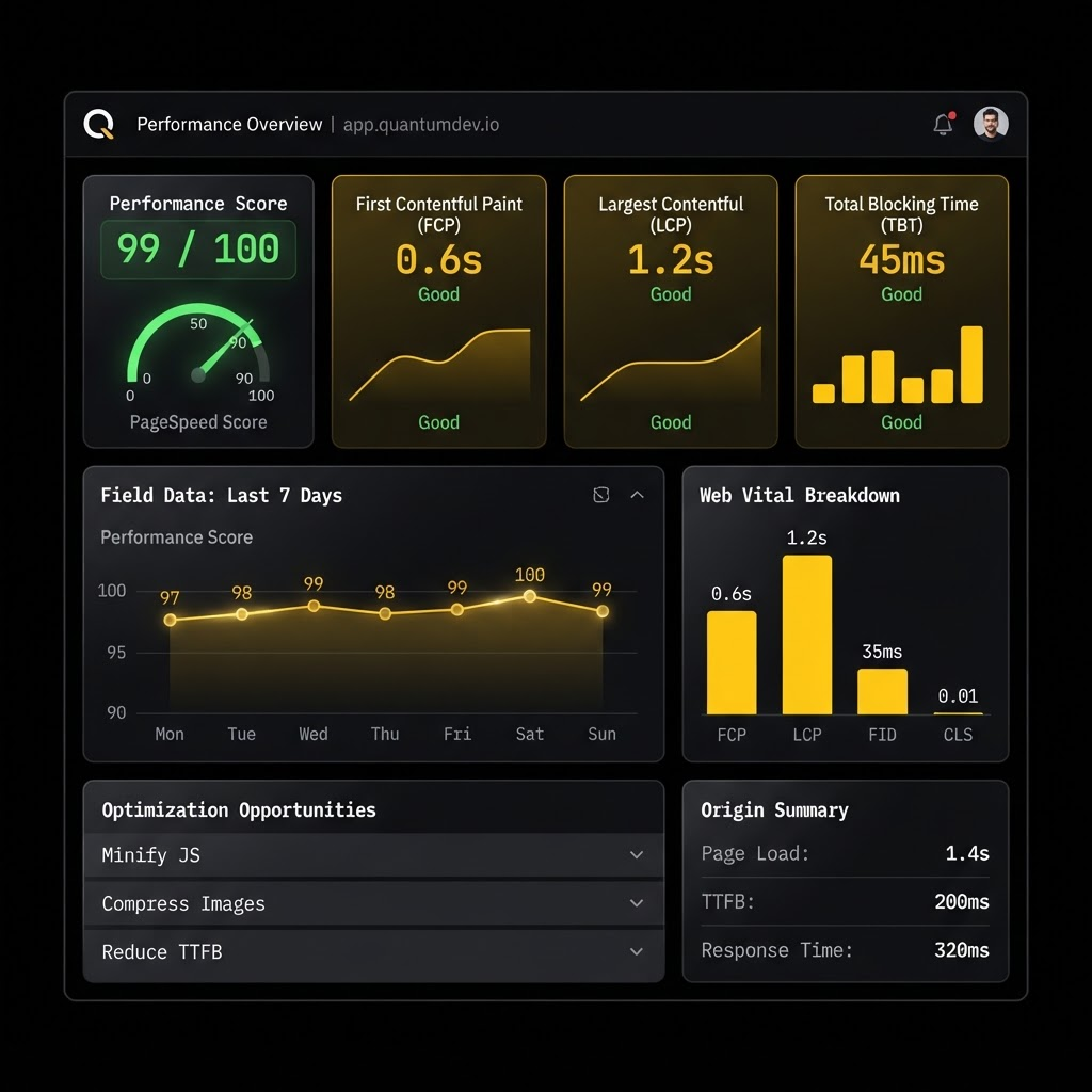 Preview of a web performance dashboard showing Core Web Vitals scores